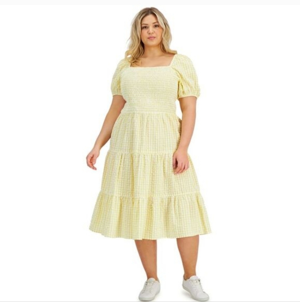 And Now This Dress Milkmaid Cotton Lace-up-Back Puffed Sleeves Tiered Gingham 1X